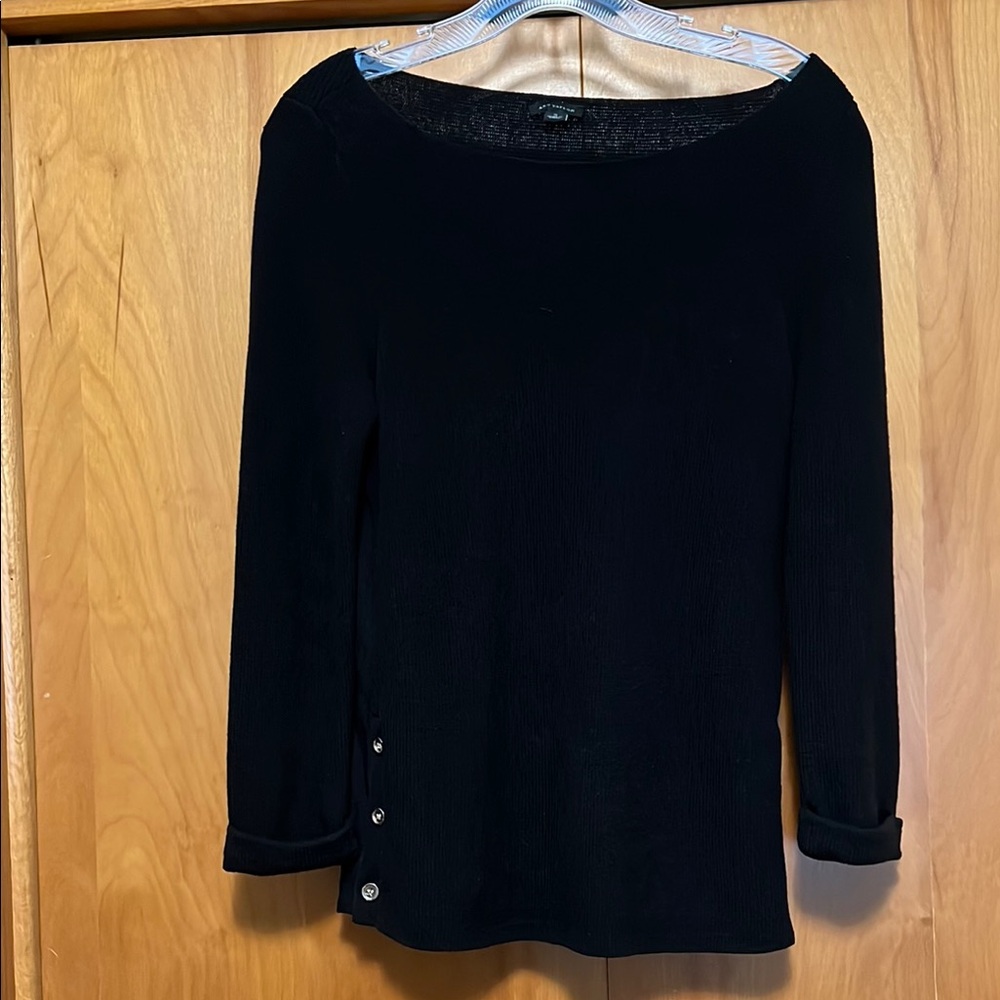 Ann Taylor Black Knit Side Button Boat Neck 3/4 Sleeve Top Size Small
